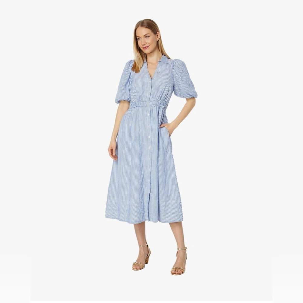 Lilly Pulitzer Blue and White Puff Sleeve Midi Polo Dress